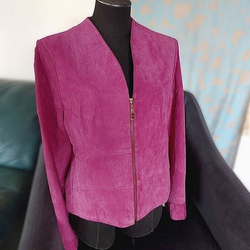Guillaume magenta suede collarless V-neck zip front jacket